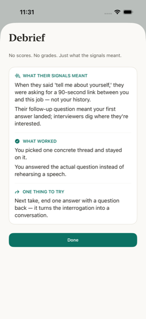 The Rehearse debrief screen: what their signals meant, what worked, one thing to try